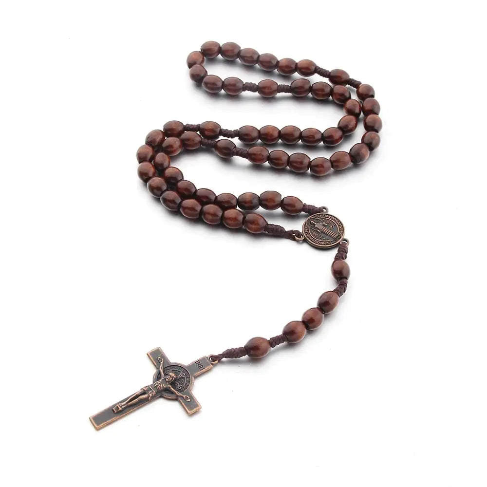 COLORFUL BLING Classic Natural Wood Beads Cross Pendant Necklace for Men Women Religious Rosary Jewelry Handmade Prayer Accessories-S3 round dark
