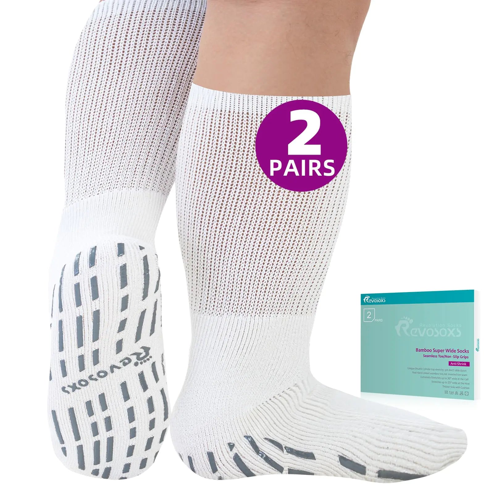 Revosoxs Extra Width Socks for Swollen Feet-2 Pairs Super Wide Diabetic Socks for Women MenSuper Wide Diabetic Non Slip Socks Hospital Socks-2 White