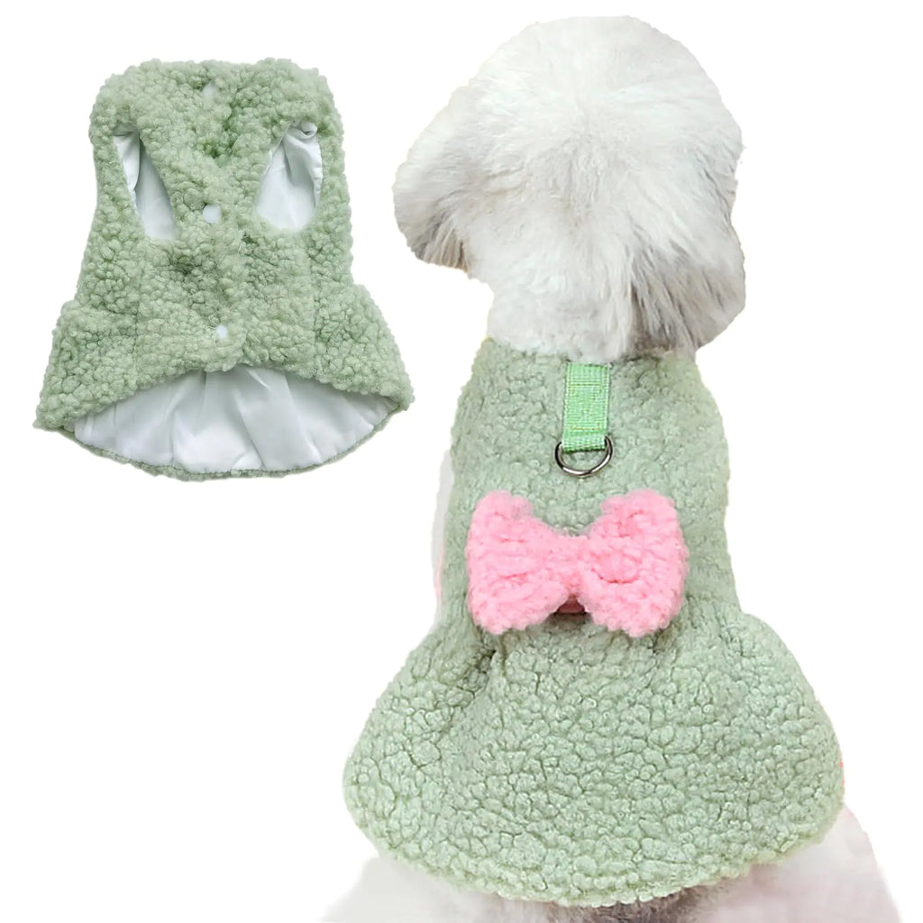 Jecikelon Dog Sweater Dress with Bow Tie Winter Warm Puppy Clothes for Small Dogs D-Ring Leash Pet Clothing Outfits Suéter para Perros (X-Large Green)