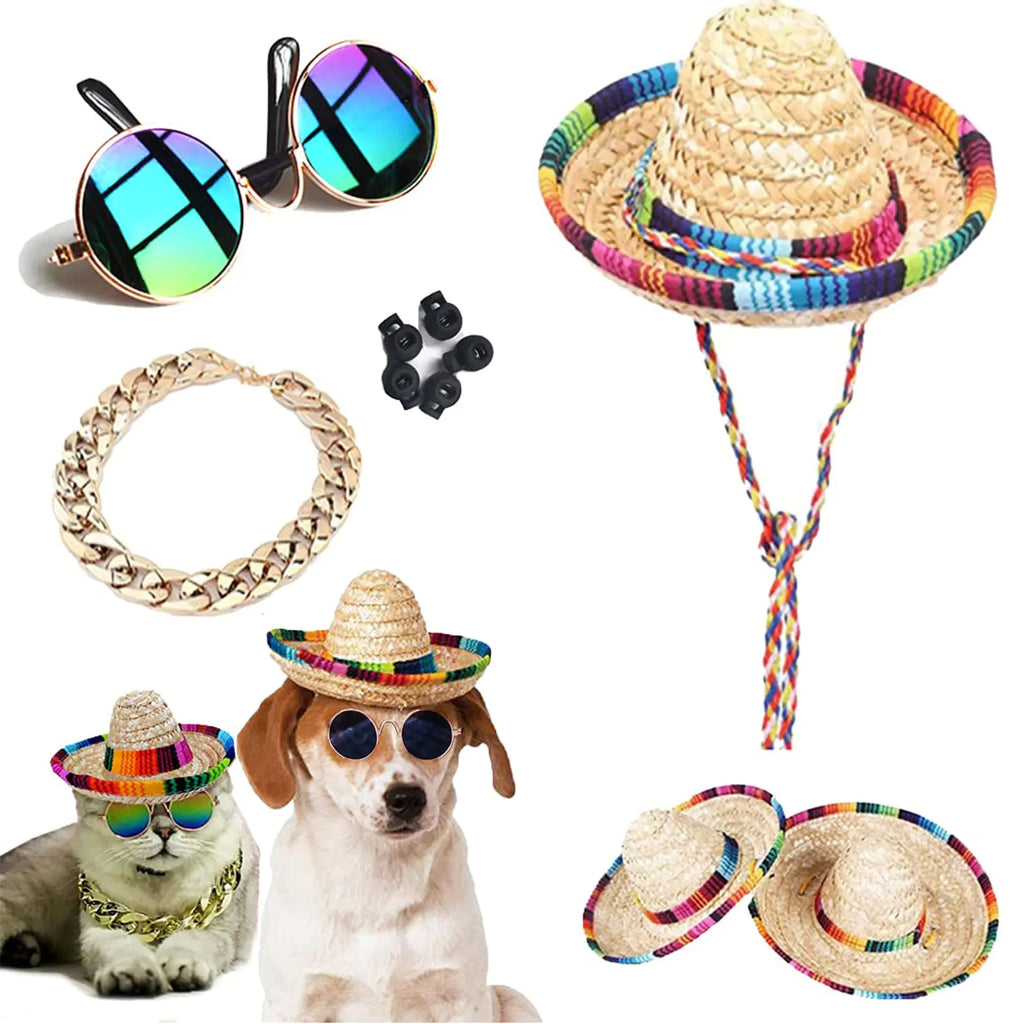Pet Hat Dog Hat Mini Sombrero Mexican Hats Classic Retro Pet Sunglasses and Adjustable Pet Chain Pet Photo Suit Pet Supplies for Small Dog and Cat(Straw Hat)